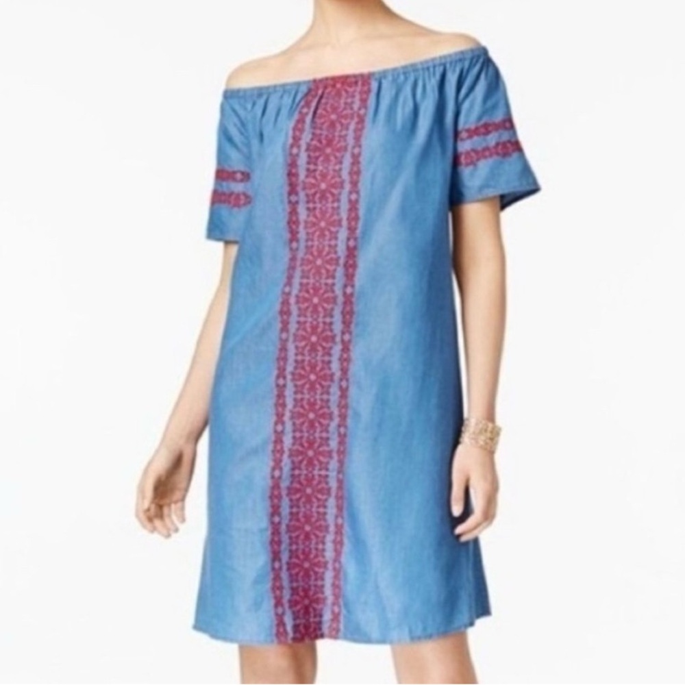 Style & Co  Sunwash Chambray Dress Sz XL Sun Wash Blue Red Embroidery